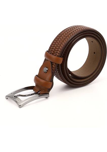 Erkek Taba Hakiki Deri 3,5 Cm Örgü Desenli Kemer modelleri