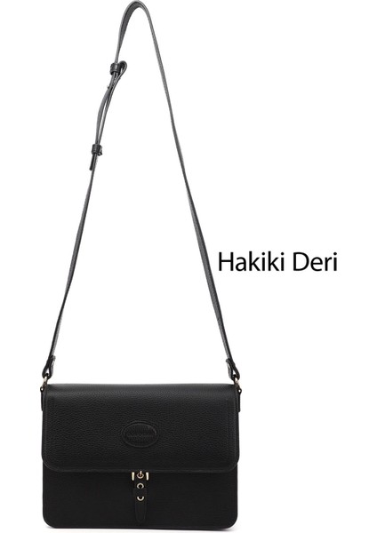 Kadın Siyah Floter Hakiki Deri Omuz Çantası