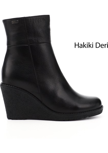 Kadın Siyah Floter Fermuarlı Dolgu Topuklu Hakiki Deri Bot