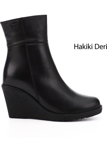 Kadın Siyah Fermuarlı Dolgu Topuklu Hakiki Deri Bot