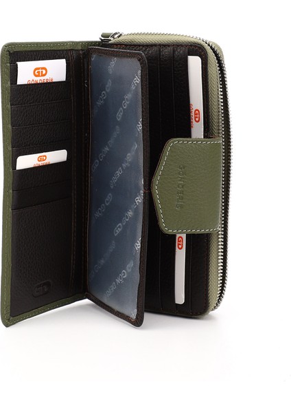 Kadın Yeşil - Kahve Yatay Hakiki Deri Cüzdan fırsatları