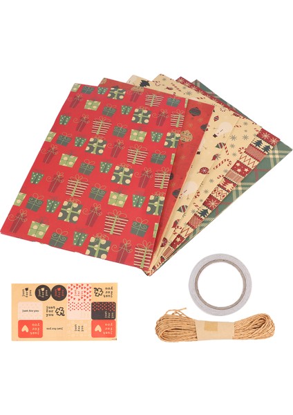 Noel Hediye Ambalaj Kağıdı 6 Adet, Kraft Kağıdı 70X50CM 6 Benzersiz Tasarımla, Jüt Ip ve Etiketlerle (Yurt Dışından)