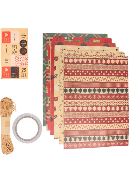 Noel Hediye Ambalaj Kağıdı 6 Adet, Kraft Kağıdı 70X50CM 6 Benzersiz Tasarımla, Jüt Ip ve Etiketlerle (Yurt Dışından) modelleri