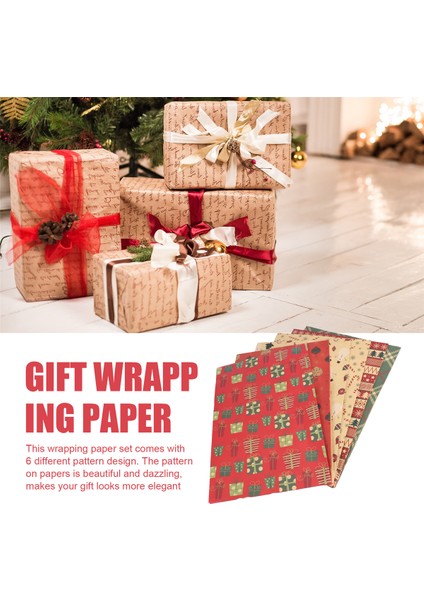 Noel Hediye Ambalaj Kağıdı 6 Adet, Kraft Kağıdı 70X50CM 6 Benzersiz Tasarımla, Jüt Ip ve Etiketlerle (Yurt Dışından) fırsatları