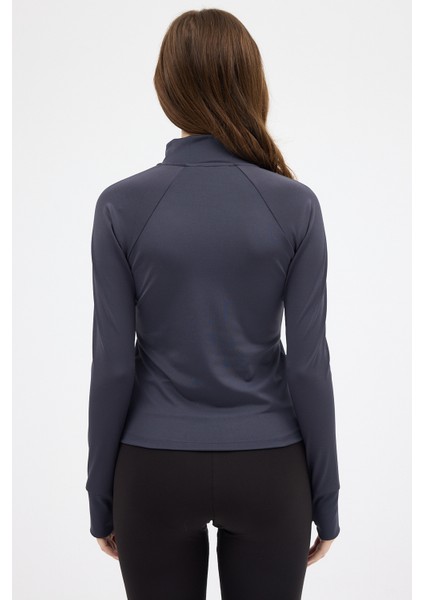 Füme Dik Yaka Fermuarlı Kadın Spor Ceket 3196