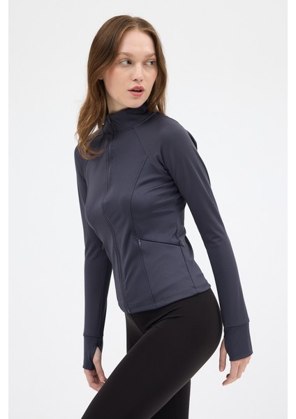 Füme Dik Yaka Fermuarlı Kadın Spor Ceket 3196