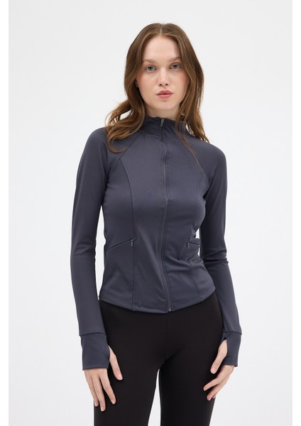 Füme Dik Yaka Fermuarlı Kadın Spor Ceket 3196