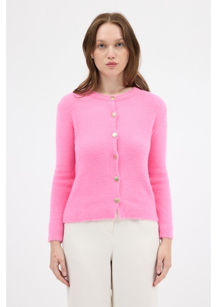 Pembe Kadın Yumoş Dokulu Düğmeli Triko Hırka 2241