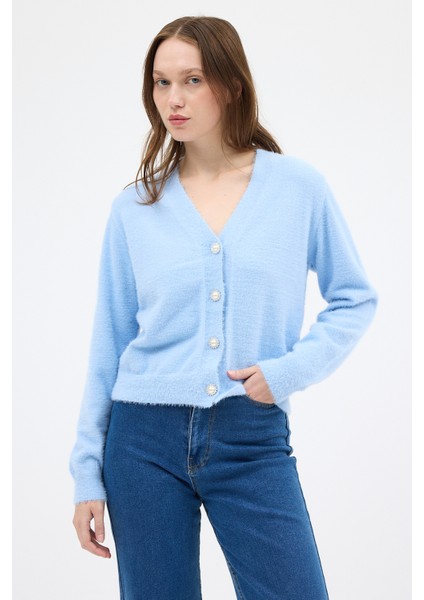 Bebe Mavi İnci Düğmeli Tüylü Kadın Crop Hırka 24170