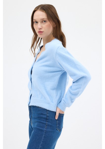 Bebe Mavi İnci Düğmeli Tüylü Kadın Crop Hırka 24170