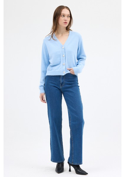 Bebe Mavi İnci Düğmeli Tüylü Kadın Crop Hırka 24170