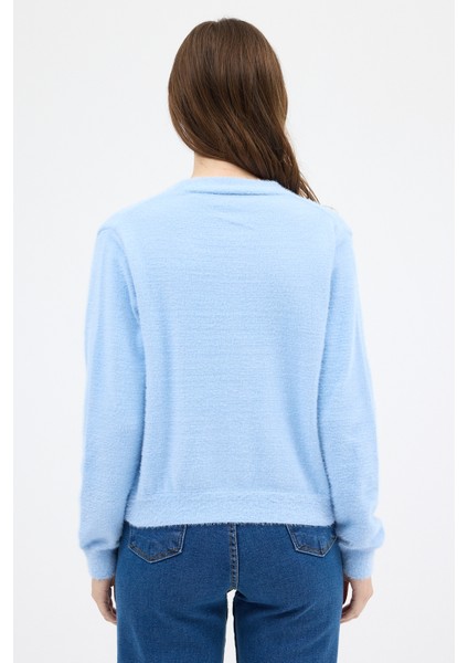 Bebe Mavi İnci Düğmeli Tüylü Kadın Crop Hırka 24170