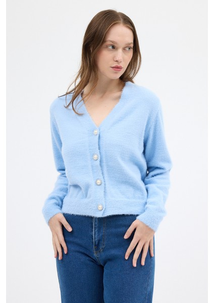 Bebe Mavi İnci Düğmeli Tüylü Kadın Crop Hırka 24170