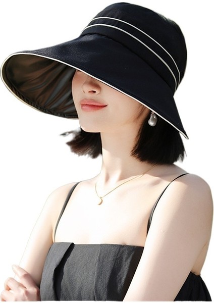 Yaz Yeni Moda Siyah Plastik Güneş Şapkası Kadın Anti-Ultraviyole Içi Boş Silindir Şapka Kadın Açık Büyük Siperlik Katlanabilir Yüz Örtüsü (Yurt Dışından)