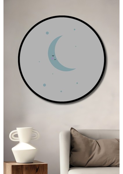 Dekoratif Ahşap Yuvarlak Çerçeve Görünümlü Tablo Mavi Ay Manzarası