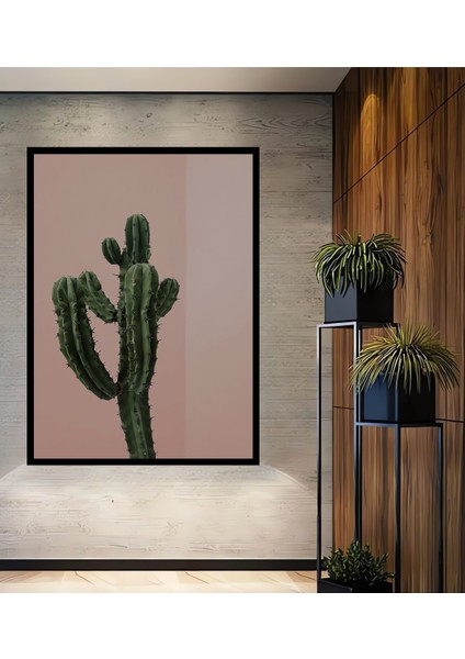 Dekoratif Ahşap Dikdörtgen Tablo Yeşil Kaktüs Çerçeve Görünümlü