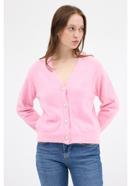 Pembe İnci Düğmeli Tüylü Kadın Crop Hırka 24170