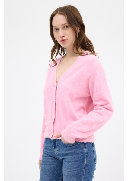 Pembe İnci Düğmeli Tüylü Kadın Crop Hırka 24170