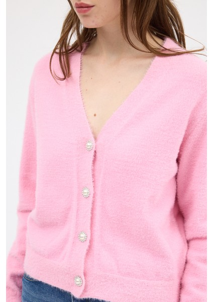 Pembe İnci Düğmeli Tüylü Kadın Crop Hırka 24170