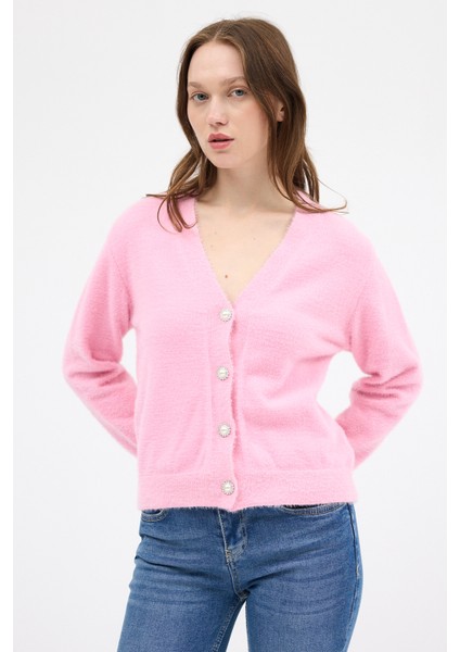 Pembe İnci Düğmeli Tüylü Kadın Crop Hırka 24170