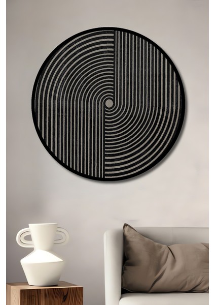 Dekoratif Ahşap Yuvarlak Çerçeve Görünümlü Tablo Optik Illüzyon Geometrisi