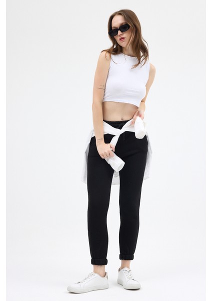 Siyah Paçası Lastikli Kadın Jogger Eşofman Altı TCR-9151M