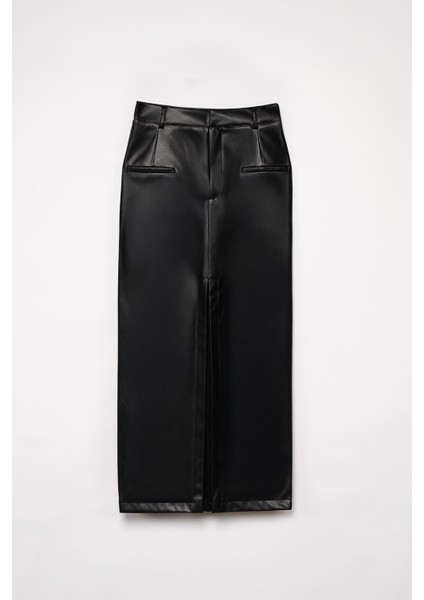 Kadın Siyah Deri Cepli Kalem Etek
