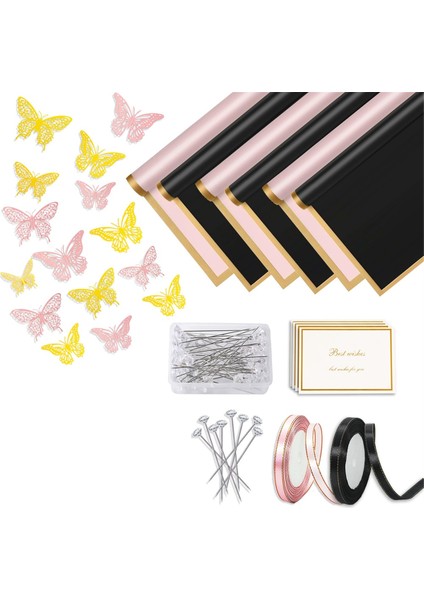 200PCS Çiçek Ambalaj Kağıdı Kiti, 40 Yaprak Su Geçirmez Çiçek Ambalaj Kağıdı, Siyah ve Pembe Buket Ambalaj Kağıdı (Yurt Dışından)