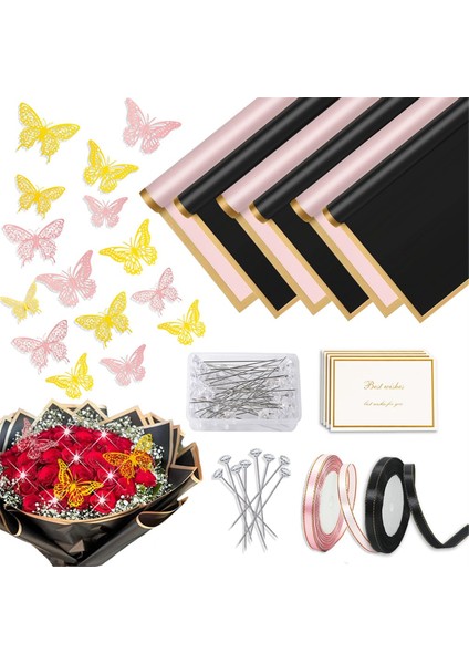 200PCS Çiçek Ambalaj Kağıdı Kiti, 40 Yaprak Su Geçirmez Çiçek Ambalaj Kağıdı, Siyah ve Pembe Buket Ambalaj Kağıdı (Yurt Dışından) fiyatları