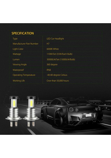 2x H7 LED Far Ampul Kiti Yüksek Düşük Işın 100W 30000LM Süper Parlak 6000K Beyaz (Yurt Dışından) fiyatları