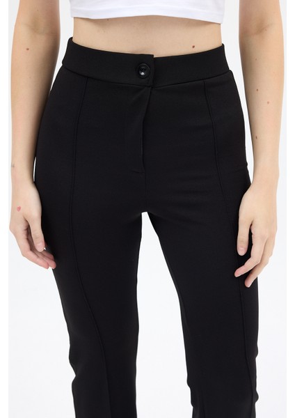 Siyah Straight/Düz Kesim Yüksek Bel Nervür Dikişli Örme Pantolon TCR-6873A