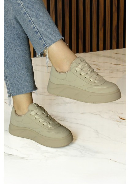 Haki Vegan Yuvarlak Burun Bağcıklı Flatform Taban Günlük Sneaker Spor Ayakkabı