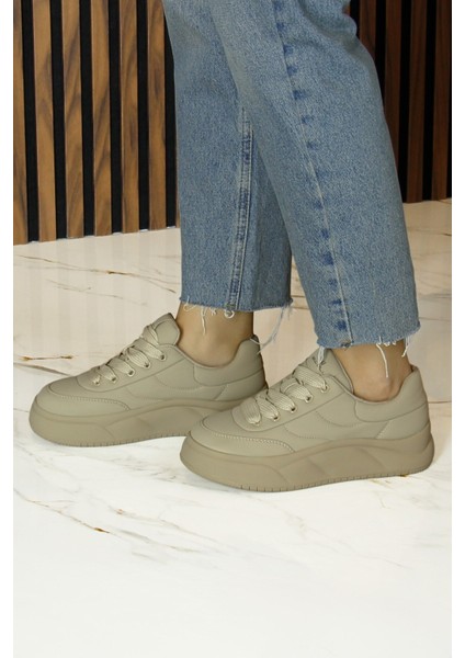 Haki Vegan Yuvarlak Burun Bağcıklı Flatform Taban Günlük Sneaker Spor Ayakkabı modelleri