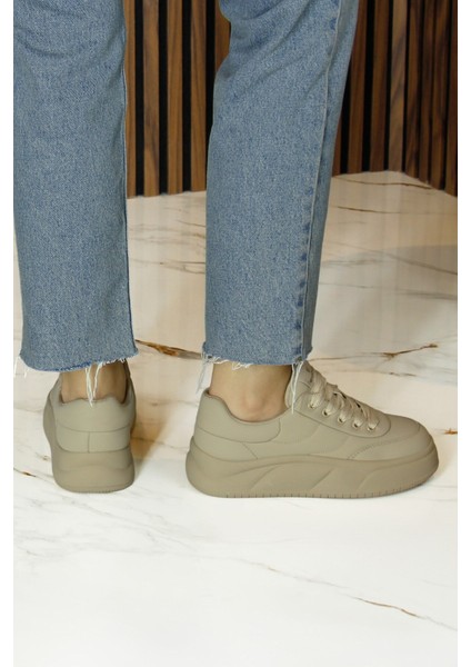 Haki Vegan Yuvarlak Burun Bağcıklı Flatform Taban Günlük Sneaker Spor Ayakkabı fırsatları