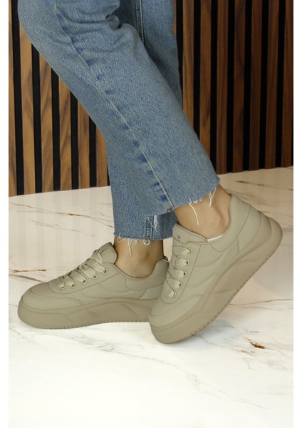 Haki Vegan Yuvarlak Burun Bağcıklı Flatform Taban Günlük Sneaker Spor Ayakkabı indirimleri