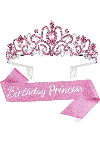 Doğum Günü Kız Tiara Crown Prenses Taç Kadınlar Için Doğum Günü Kümesi Mutlu Yıllar Partisi Malzemeleri Pembe (Yurt Dışından)