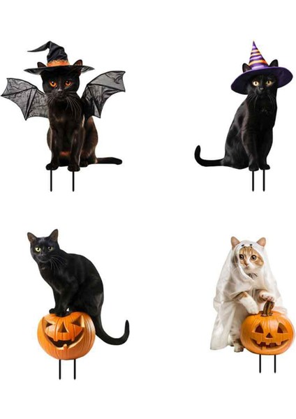 4pcs Cadılar Bayramı Dekorasyonları Dış Mekan Metal Kedi Dekoru Bahçesi Bahçesi Çim Süsleri (Yurt Dışından)