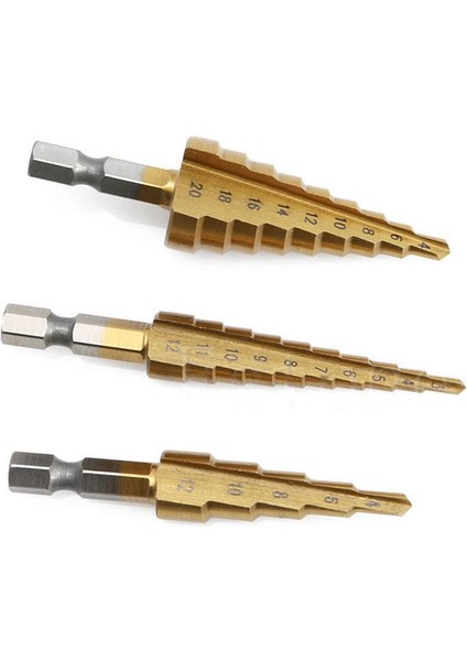 3 Pcs Yüksek Hızlı Çelik Adım Matkap Bit SetiEl Alımları Koni Titanyum Kaplamalı Metal Delik Kesici 1/4 Inç Hex Shank Drive Hızlı Değişiklik 3-12MM/4-12MM/4-20MM (Yurt Dışından) fiyatları