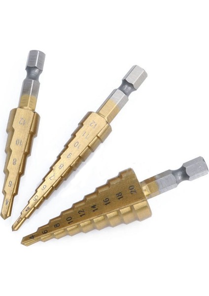 3 Pcs Yüksek Hızlı Çelik Adım Matkap Bit SetiEl Alımları Koni Titanyum Kaplamalı Metal Delik Kesici 1/4 Inç Hex Shank Drive Hızlı Değişiklik 3-12MM/4-12MM/4-20MM (Yurt Dışından) modelleri