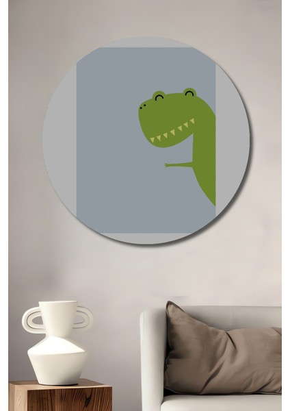 Dekoratif Ahşap Yuvarlak Tablo Yeşil Dinozor Gülümsemesi