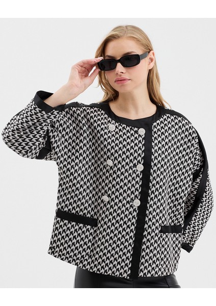 Kadın Kazayağı Desenli Kruvaze Kapamalı Oversize Yuvarlak Yaka Ceket modelleri