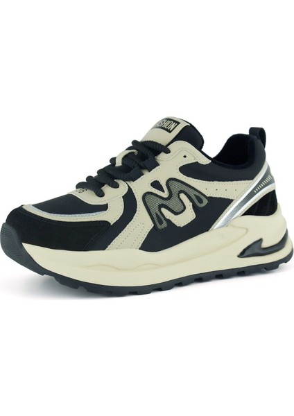 Bej Siyah Vegan Bağcıklı Yuvarlak Burun Flatform Taban Günlük Sneaker Spor Ayakkabı