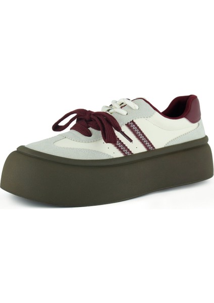 Gri Bordo Vegan Çift Bağcıklı Yuvarlak Burun Flatform Taban Günlük Sneaker Spor Ayakkabı
