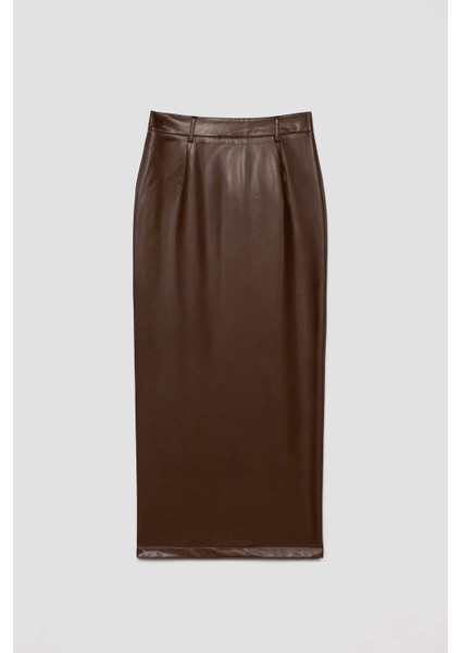 Kadın Kahverengi Deri Cepli Kalem Etek modelleri
