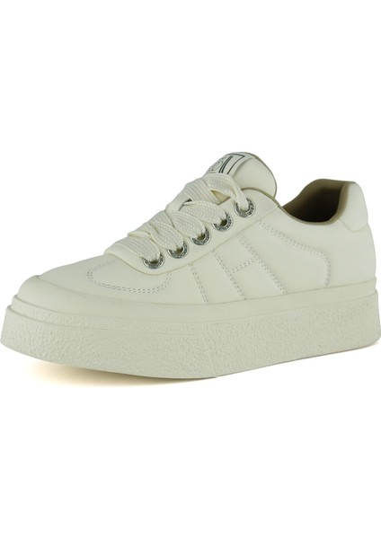 Bej Vegan Taşlı Bağcıklı Yuvarlak Burun Flatform Taban Günlük Sneaker Spor Ayakkabı