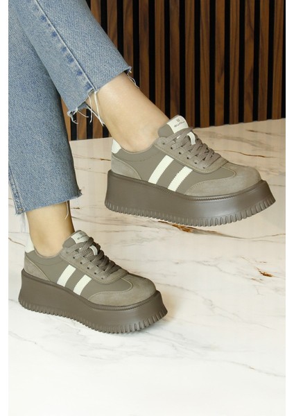 Kahverengi Vegan Süet Yuvarlak Burun Bağcıklı Flatform Taban Günlük Sneaker Spor Ayakkabı