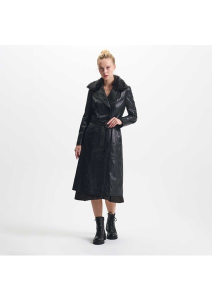 Siyah Hakiki Deri Kadın Hakiki Deri Trençkot - K25KDM320477-Q3H