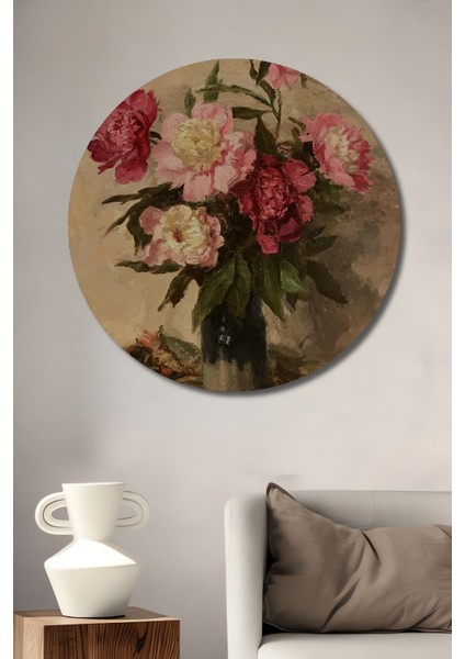 Dekoratif Ahşap Yuvarlak Tablo Pembe Şakayıklar Buketi