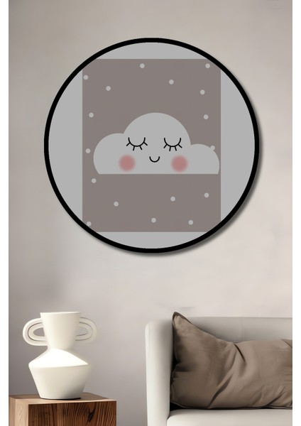 Dekoratif Ahşap Yuvarlak Çerçeve Görünümlü Tablo Mutlu Bulut