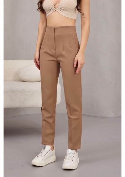 Kadın Yüksek Bel Pensli Kumaş Pantolon